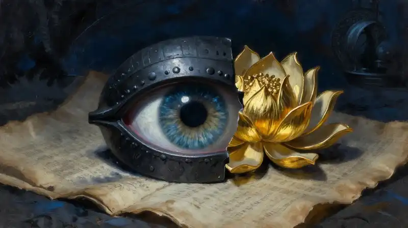 Symbolic literary objects representing Orwell and Huxley in deep blue tones