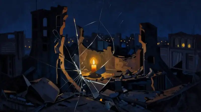 A cracked mirror reflecting a ruined city in deep blue tones