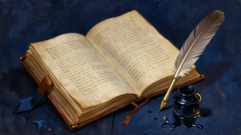 An antique manuscript and quill in moody blue tones