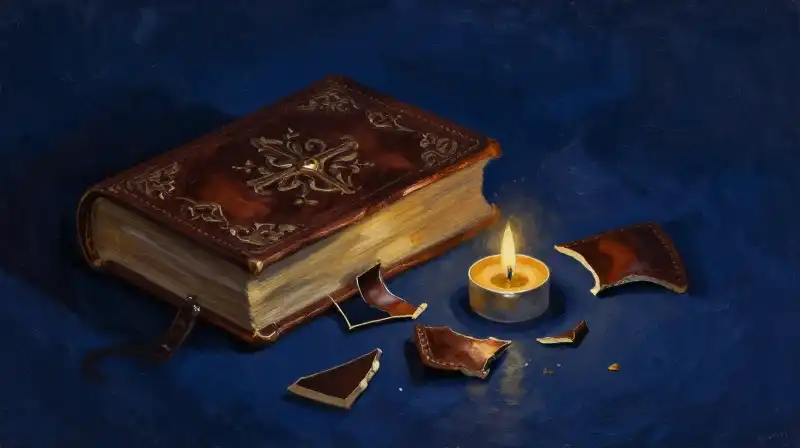An intact old book beside shattered fragments in deep indigo tones