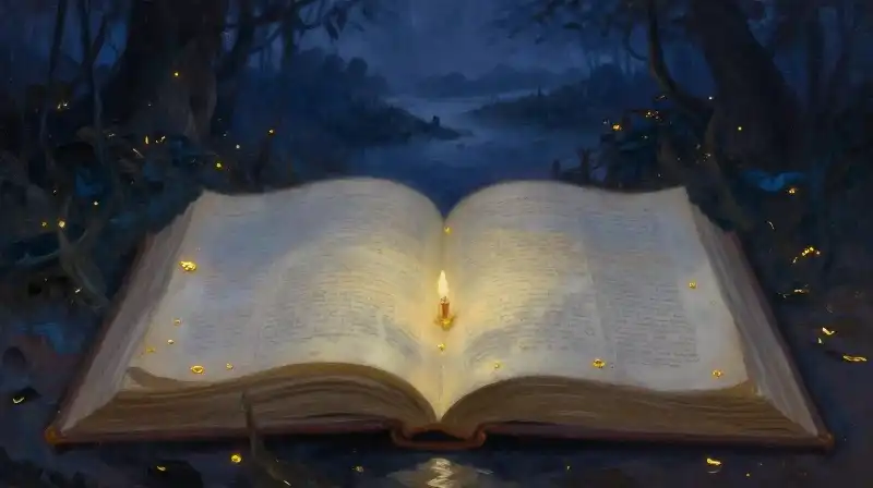 An open book revealing a misty historical landscape in indigo tones