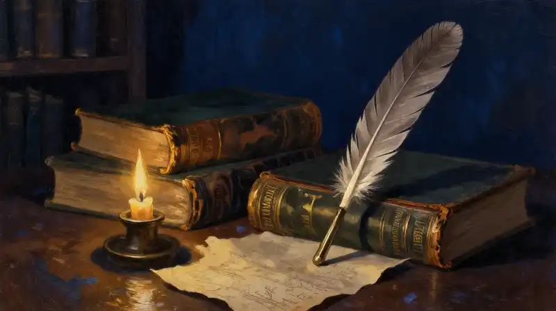 Antique books and a quill in a moody blue library