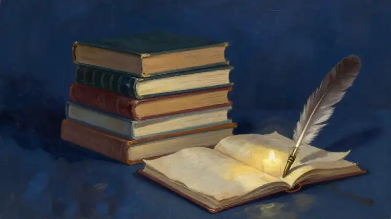 A stack of historical books and an open diary in moody blue light