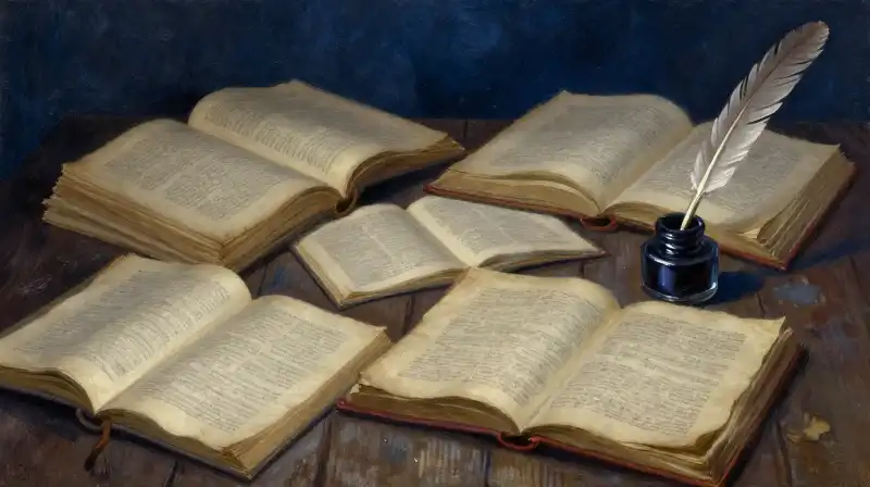 Open books and an inkwell in a moody blue study