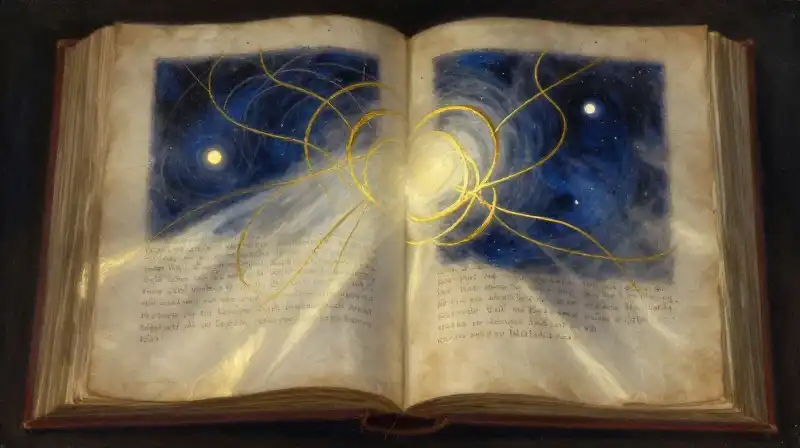 An open manuscript with cosmic light and golden ink reflections