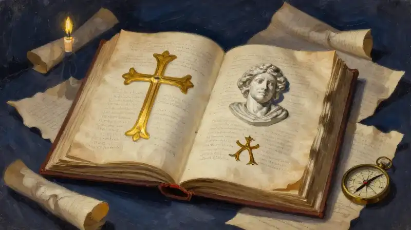 Antique manuscript with mythological and historical symbols in blue tones