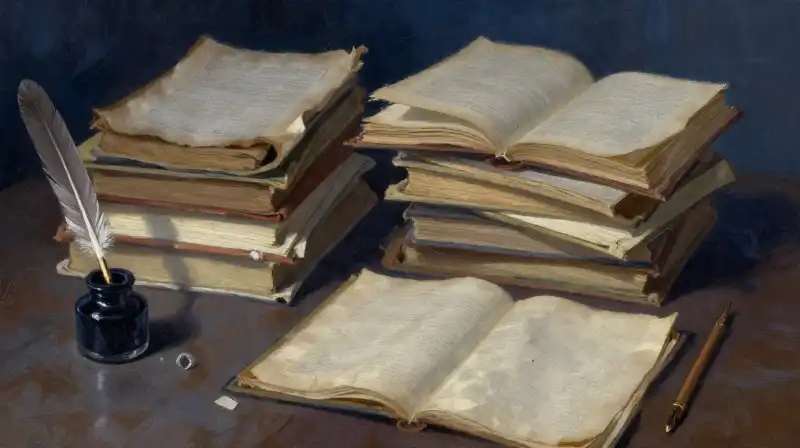 An atmospheric oil painting of old manuscripts and quills in deep blue