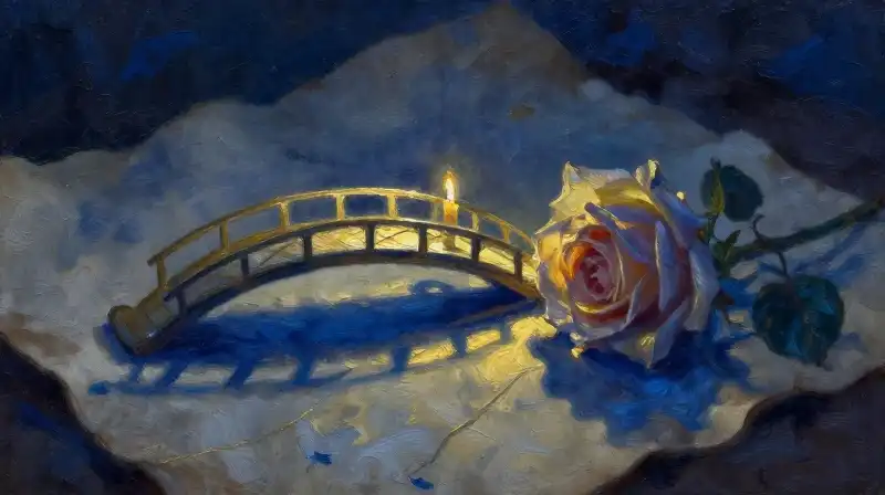 A golden bridge connecting a rose to an old manuscript in deep blue tones