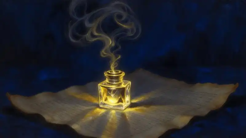 Luminous ink transforming dark parchment in a moody blue setting