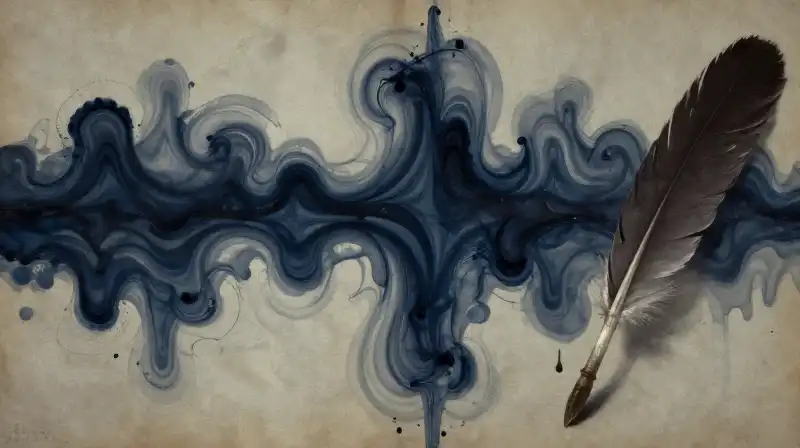 Swirling ink waves and a quill on parchment in deep blue