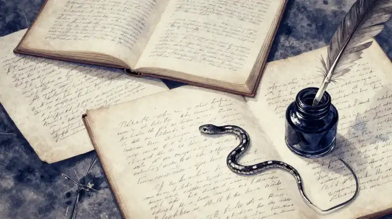 Handwritten poetry manuscripts with an inkwell and quill in blue tones