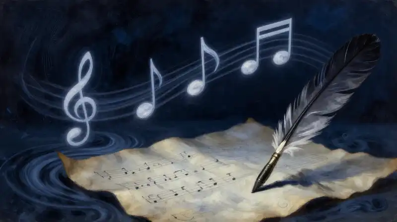 Musical notes and ink flowing on vintage parchment in deep blue