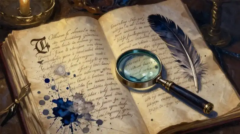 An open manuscript with ink splatters in deep blue tones