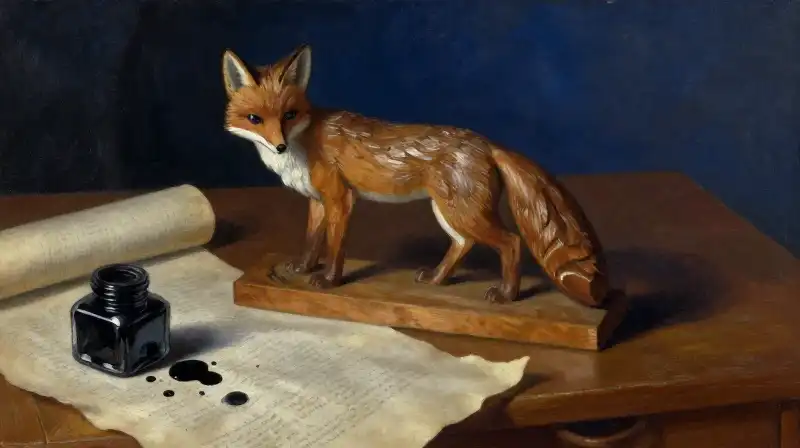 Classical fable sculpture next to a messy inkwell in blue light