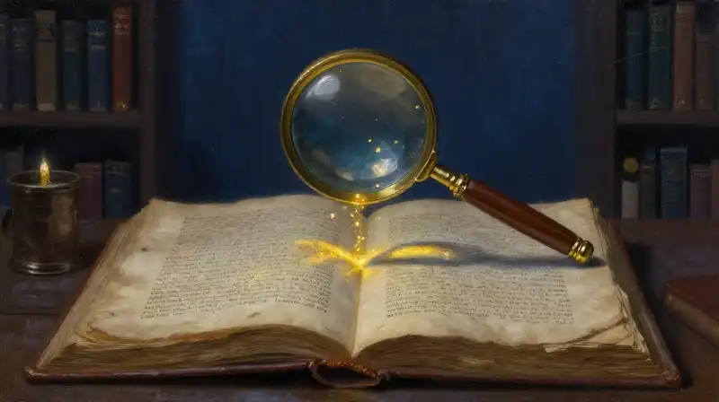 Magnifying glass over an open book in deep blue tones