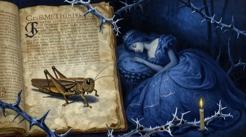 A split scene of a fable and a fairy tale in indigo tones