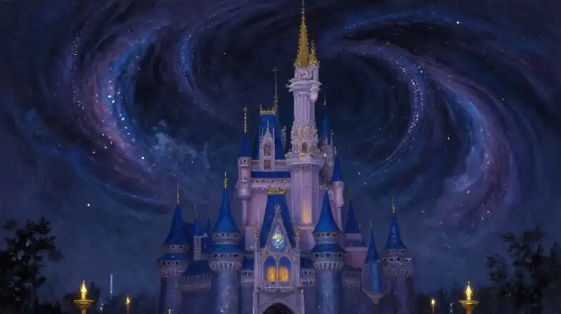 An enchanted kaleidoscope reflecting a magical kingdom in deep blue tones
