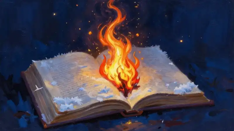 An open book with golden sparks amidst deep blue shadows