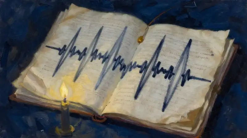 Rhythmic ink strokes on manuscripts in deep indigo light