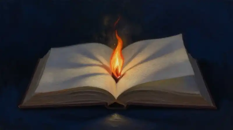 An open book with glowing embers in a deep blue atmosphere