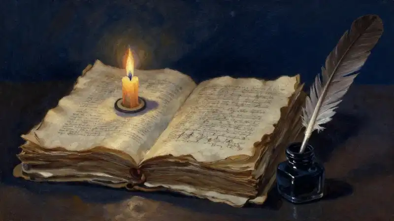 Stacked antique manuscripts and a quill in dim blue light