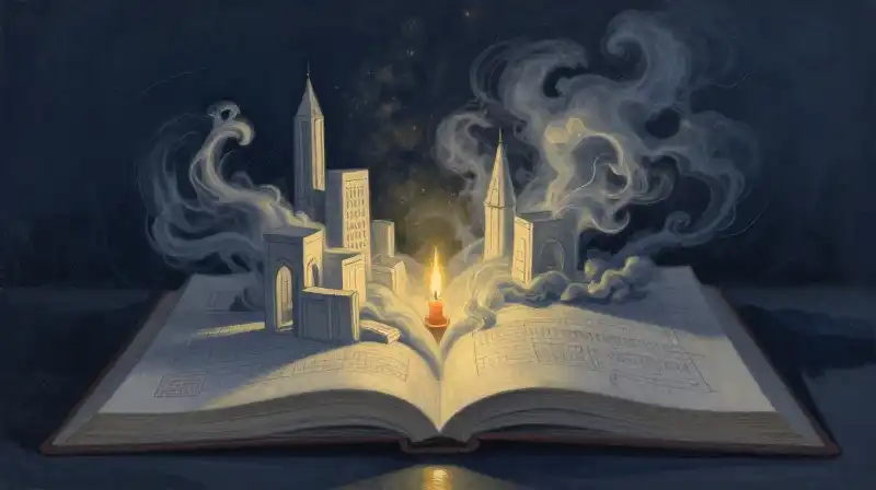 Ethereal architectural shapes rising from an open book in blue tones