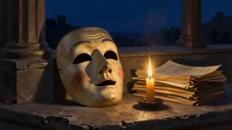 An evocative oil painting of a theater mask and manuscripts in blue tones