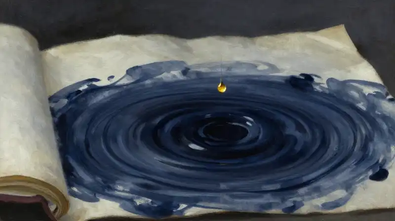 A single golden ink drop falling into a dark blue inkwell