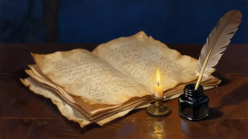 Antique manuscripts and quill on a dark blue desk