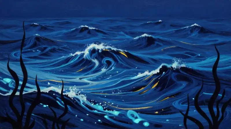 Atmospheric oil painting of a vast blue ocean with kelp silhouettes