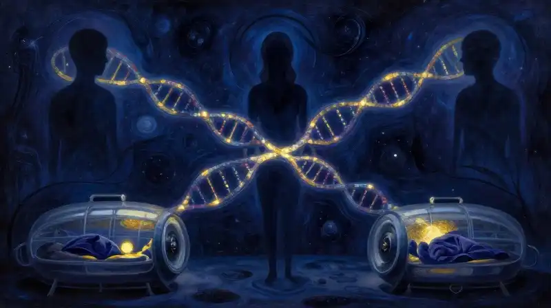 Ethereal silhouettes and glowing genetic strands in deep blue tones