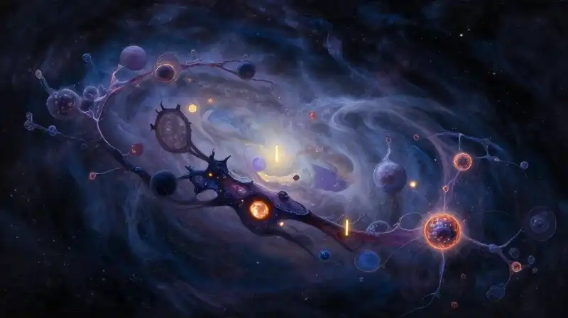 An abstract oil painting of a manuscript merging with a cosmic planetary organism