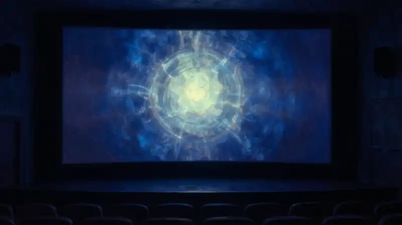 An atmospheric painting of a glowing film projection in a dark blue room