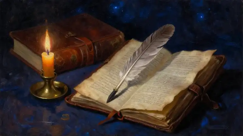 Antique books and a quill in a dark blue atmospheric study
