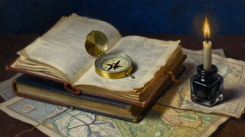 An antique compass on old manuscripts in a blue-toned library
