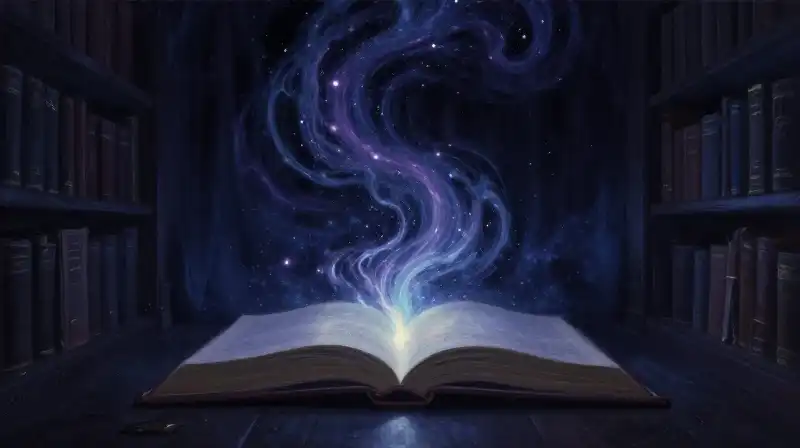 An open book releasing a swirling cosmic nebula of stars