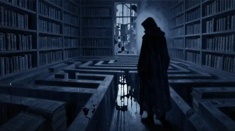 Atmospheric library of Batman manuscripts in deep indigo tones