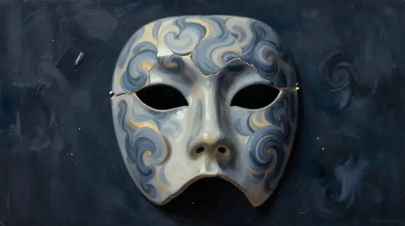 A shattered mask amidst swirling indigo ink clouds