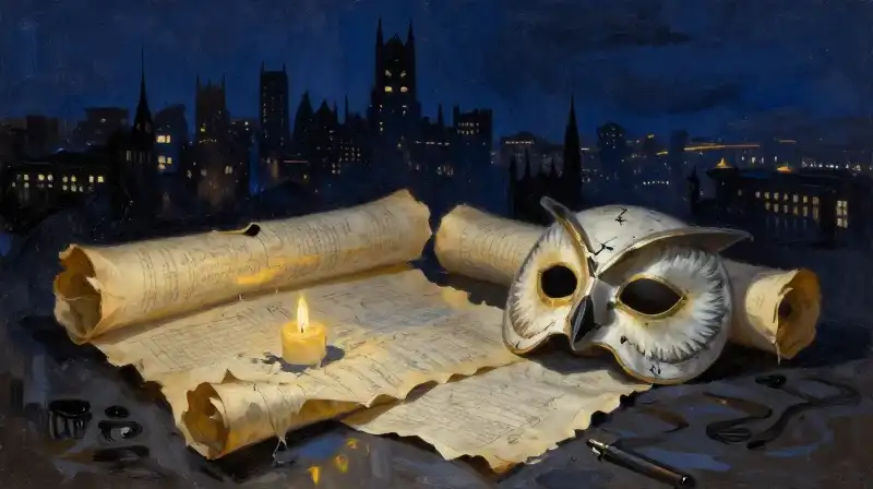 Ancient scrolls and an owl mask in midnight blue tones