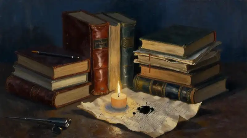 Stacked vintage books and old manuscripts in moody blue light