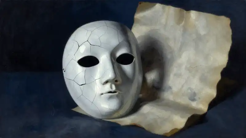A cracked mask and discarded cape in deep blue tones