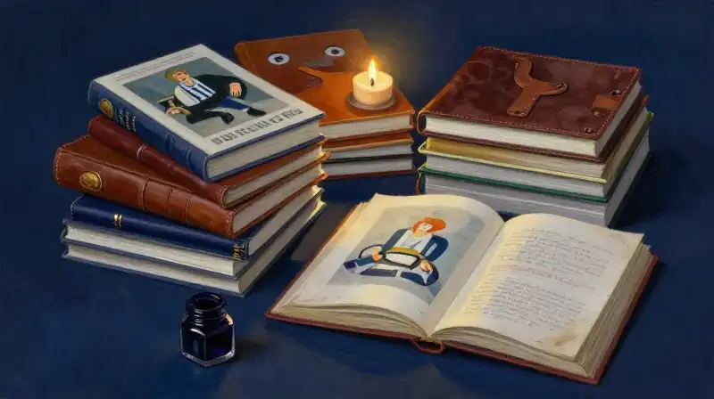 Stacked vintage books and open manuscripts in moody blue lighting
