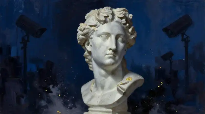 A crumbling marble bust in a dark blue atmospheric setting