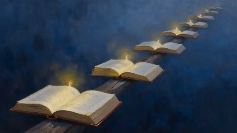 An atmospheric illustration of books forming a path through a blue mist