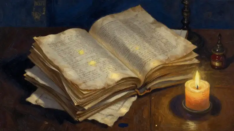 Stack of old manuscripts and parchment in dim candlelight