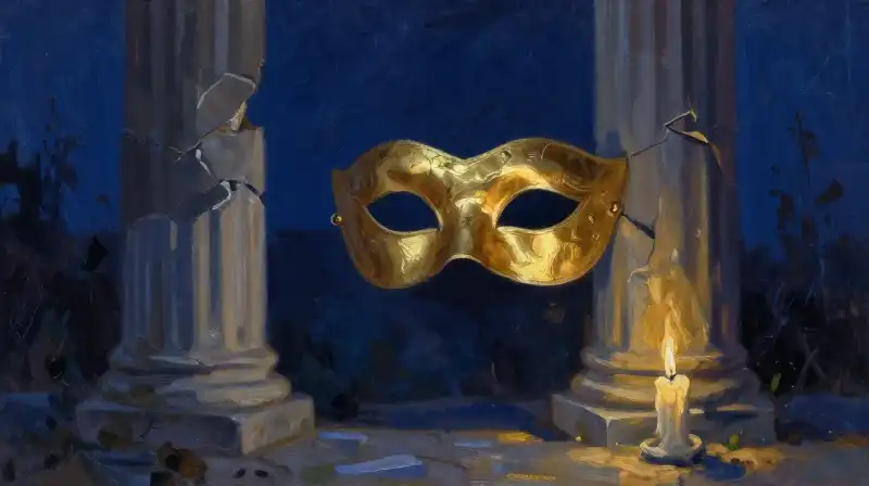 Symbolic literary illustration of dystopian archetypes in blue and gold