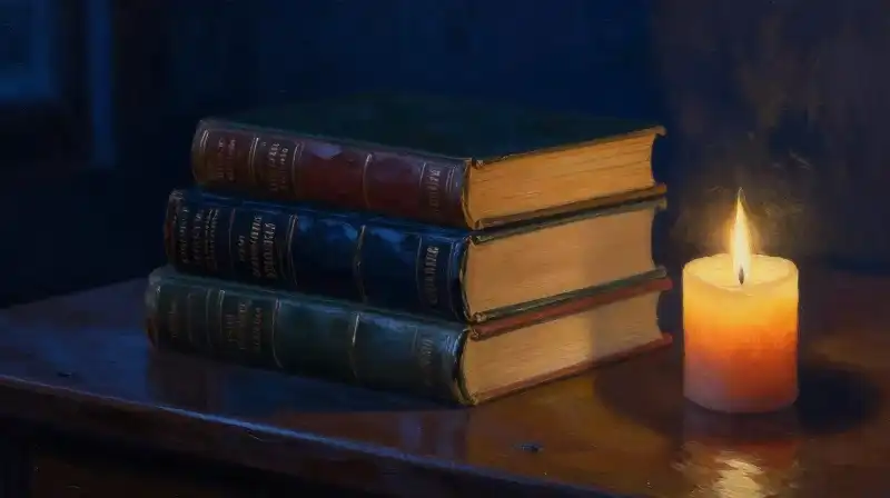 Three classic dystopian novels stacked in moody blue lighting