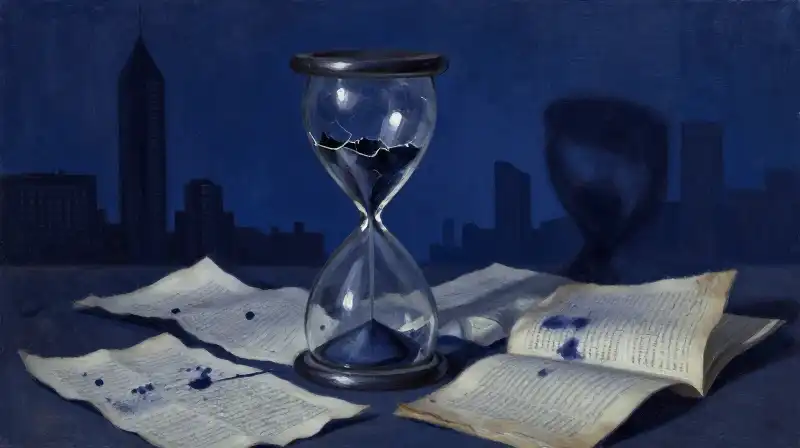 Cracked hourglass reflecting a dark dystopian cityscape in ink blue