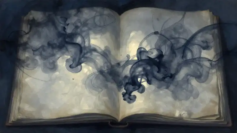 Atmospheric oil painting of an open manuscript in deep indigo tones