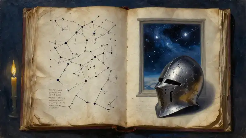 Surreal fantasy landscapes emerging from an open manuscript in indigo tones